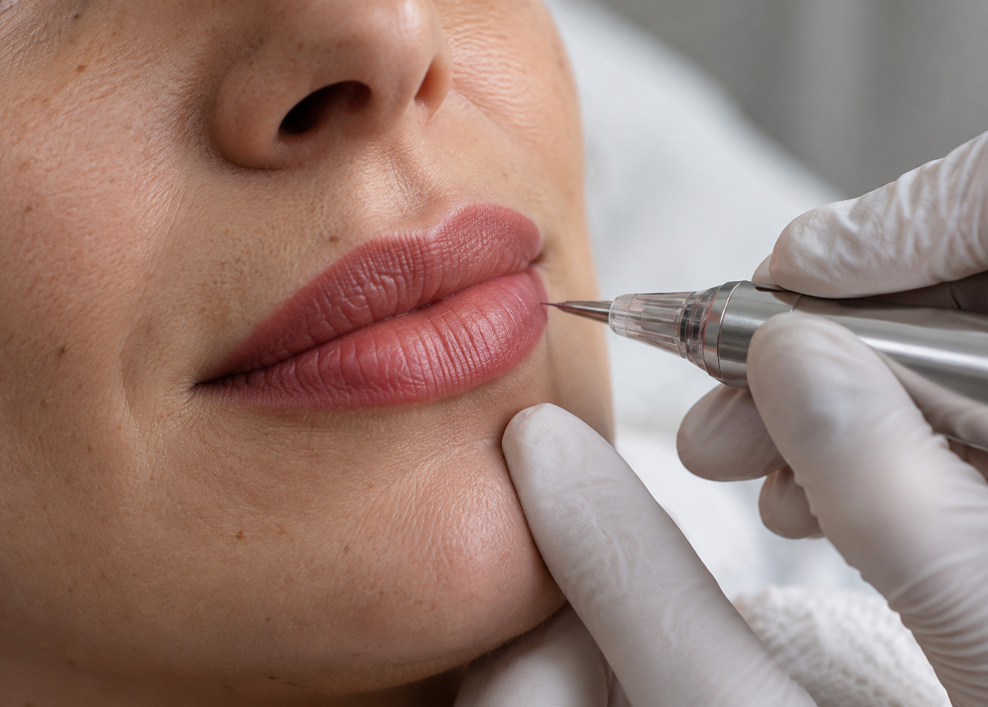Permanent Make-up der Lippen: die Lippenkontur wird mit einem Pigmentierger&auml;t Strich f&uuml;r Strich nachgezogen.